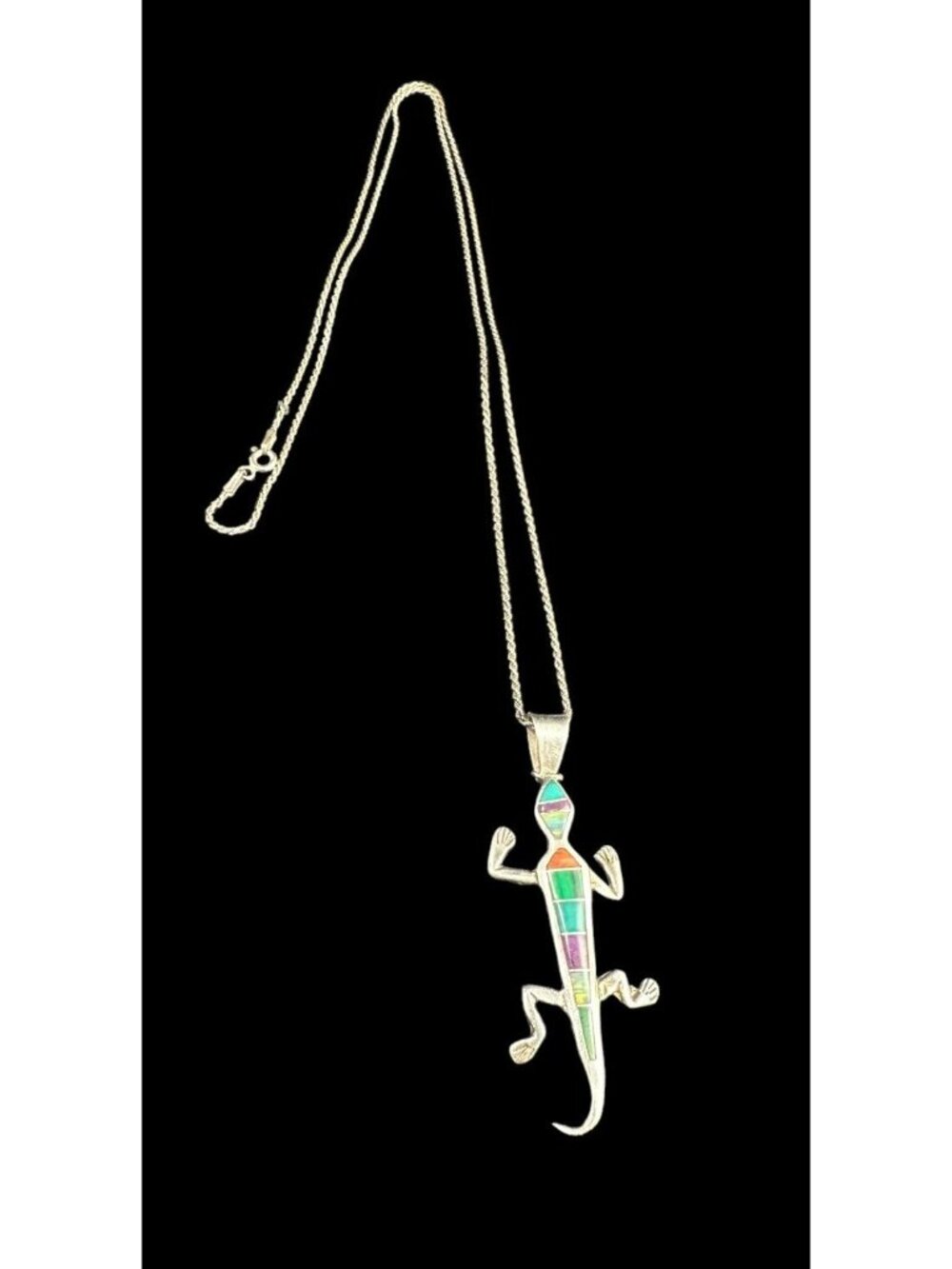 Pendant Navajo Lizard Gecko Multi Gemstone Reptile Signed VT Braided Chain